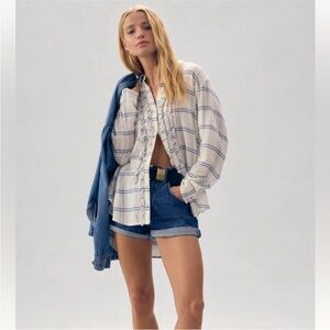 NWOT Anthropologie Pilcro White and Blue Plaid Tuxedo Ruffle Oversized Shirt XXS